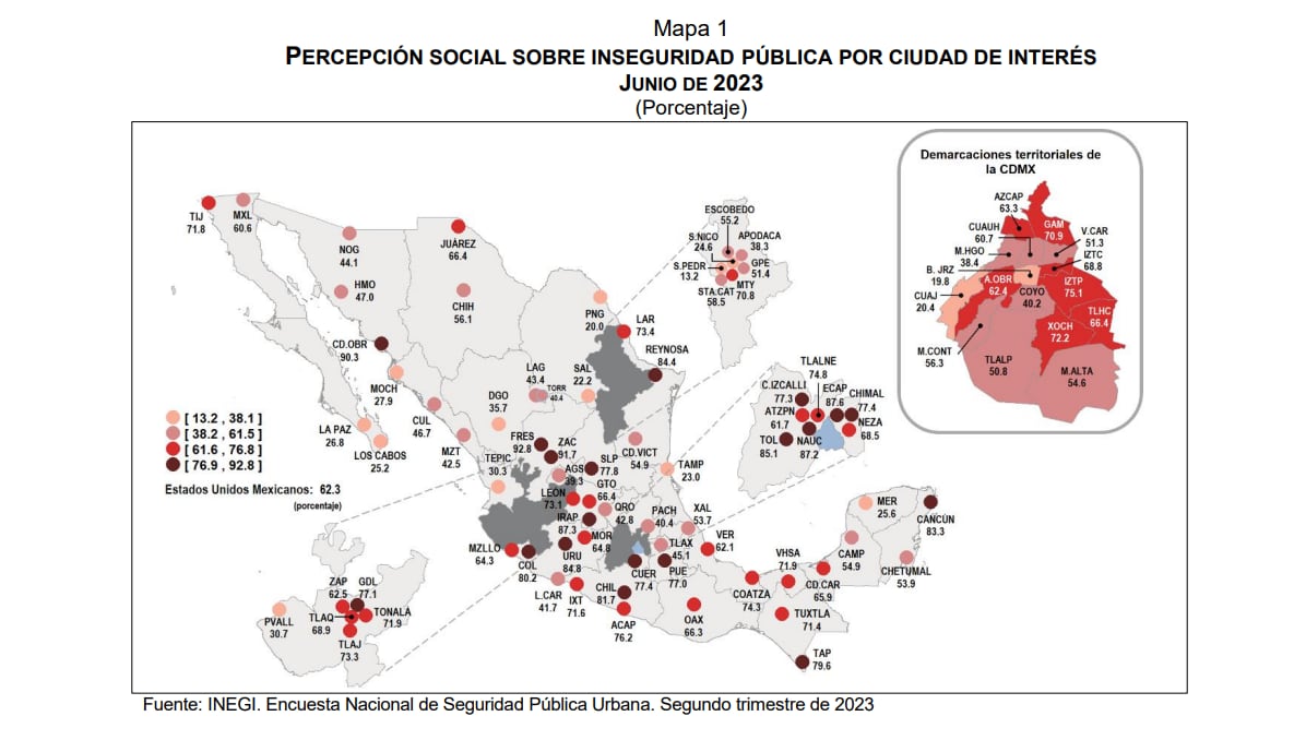 Encuesta Nacional de Seguridad Pública Urbana (ENSU), segundo semestre 2023, Inseguridad en México. Foto: INEGI