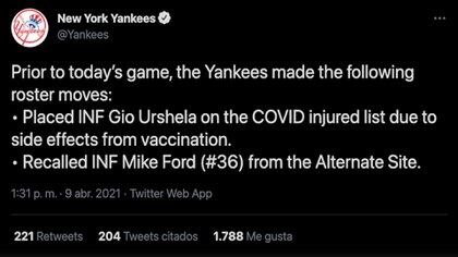 Giovanny Urshela será baja indefinida en los New York Yankees de la MLB, luego de ser puesto en la lista de lesionados por covid-19 / (Twitter: @Yankees).