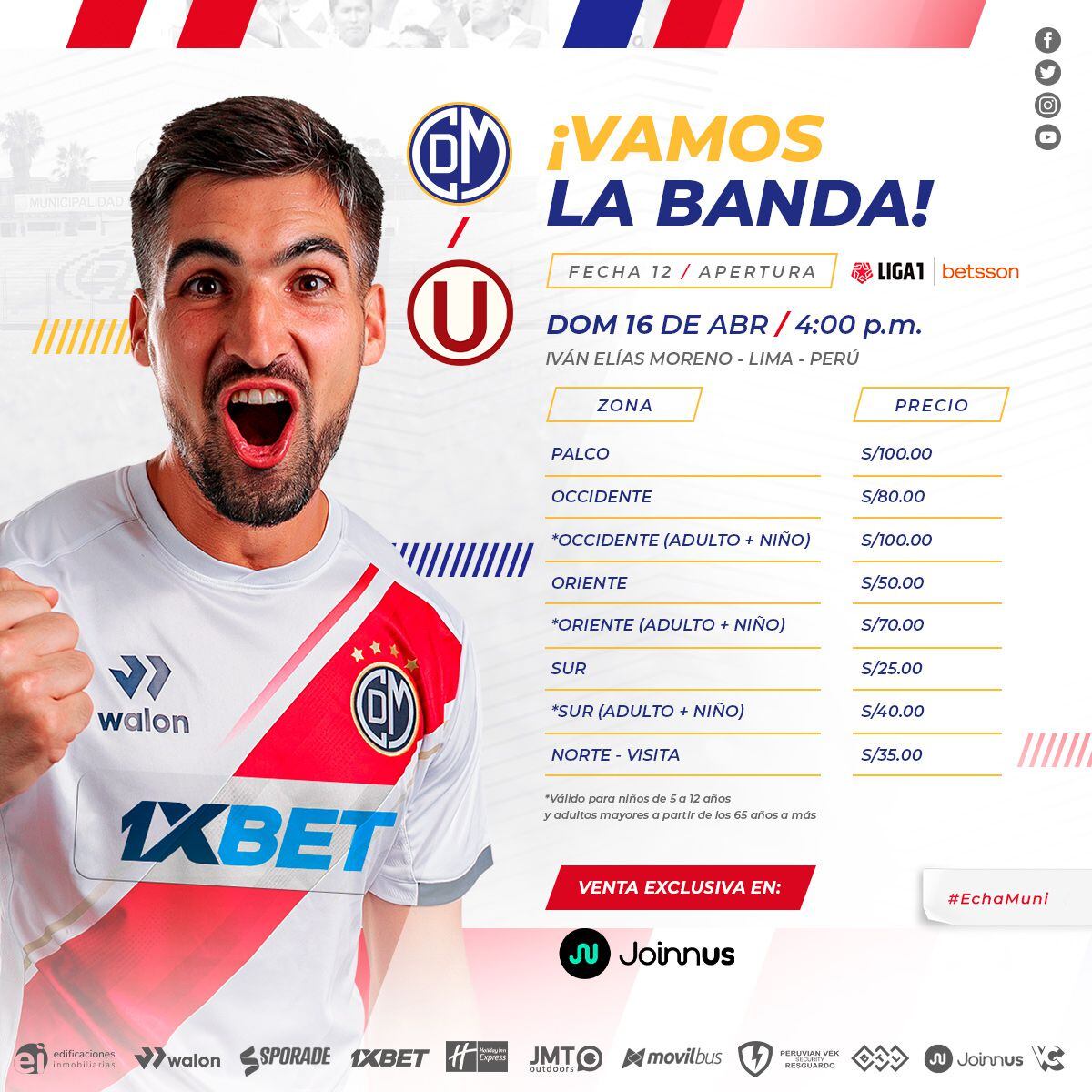 Universitario y Deportivo Municipal se enfrentan el domingo 16 de abril por la fecha 12 de la Liga 1. Los 'ediles' publicaron el precio de las entradas para el partido. (Twitter: @CCDMunicipal)