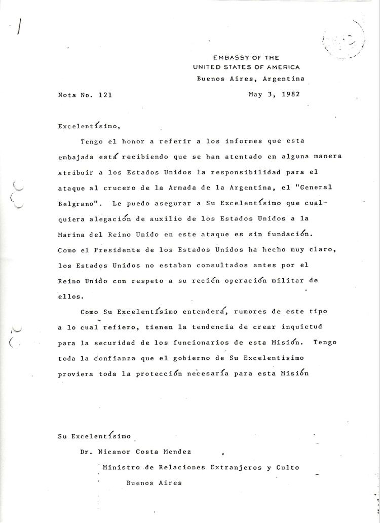 Nota de la Embajada de los Estados Unidos negando el apoyo militar americano en el hundimiento del crucero ARA General Belgrano.