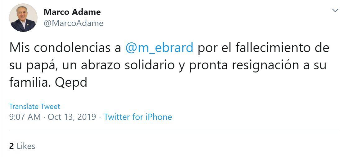 El diputado panista y vicepresidente de la Mesa Directiva de la Cámara de Diputados, Marco Adame, deseó pronta resignación a la familia de Marcelo Ebrard (Foto: Twitter)