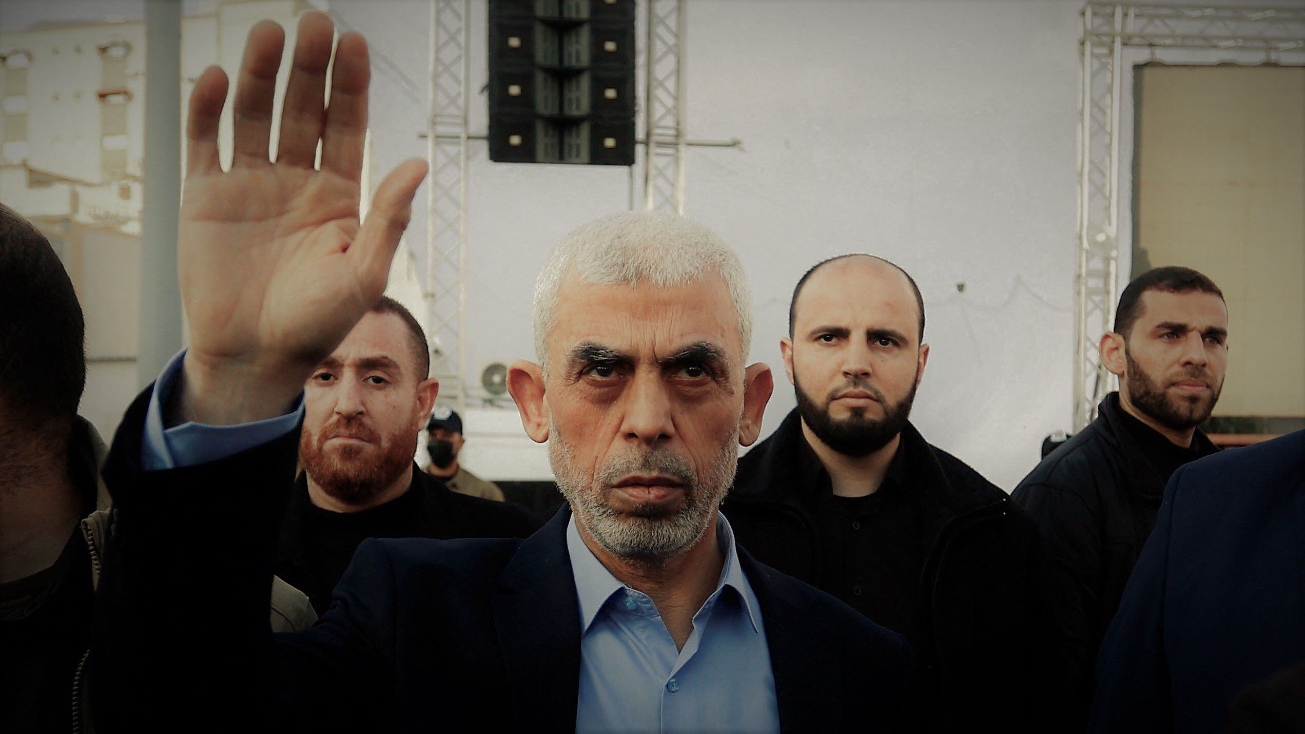 Yahia al-Sinwar Gaza Strip chief of the Palestinian Islamist Hamas movement, waves to Palestinians during a rally to mark the annual al-Quds Day (Jerusalem Day), in Gaza, April 14, 2023. REUTERS/Ibraheem Abu Mustafa