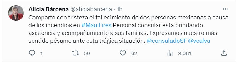 Dos mexicanos murieron en los incendios de Maui en Hawái. (Twitter/@aliciabarcena)