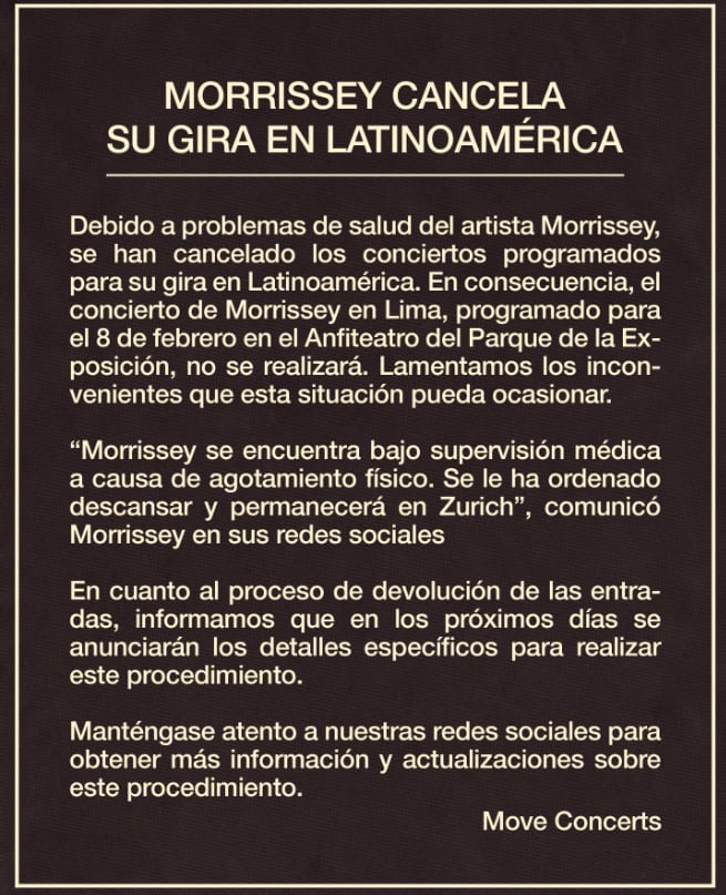 Morrissey canceló su gira por Latinoamérica por problemas de salud.
