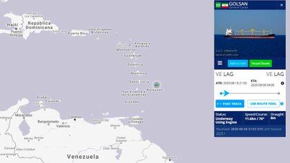 La ubicación actual del Golsan, navegando en el Océano Atlántico y en dirección este tras partir del puerto de La Guaira (MarineTraffic)