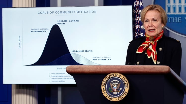 La doctora Deborah Birx, coordinadora de la respuesta de la Casa Blanca al coronavirus, con el gráfico con los estimativos de fondo. Foto: AP Photo/Alex Brandon