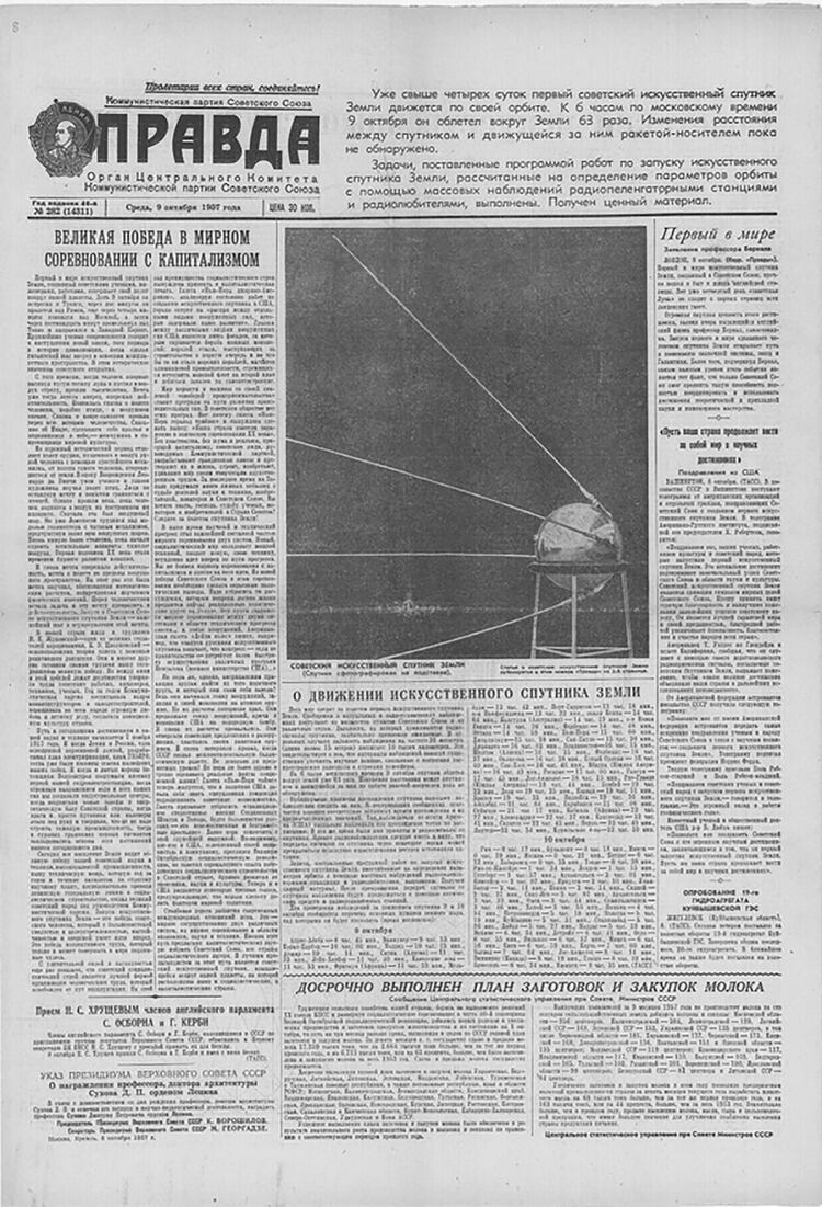 El diario soviético Pravda anuncia la puesta en órbita del Sputnik