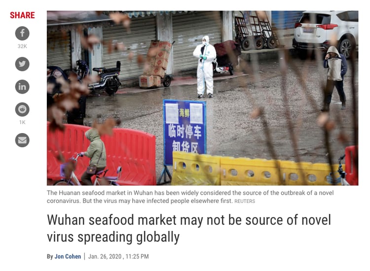 Sobre base de un estudio de The Lancet, Science desafió en seguida la versión de las autoridades chinas: “El mercado de animales de Wuhan podría no haber sido la fuente del nuevo coronavirus que se disemina globalmente”. 