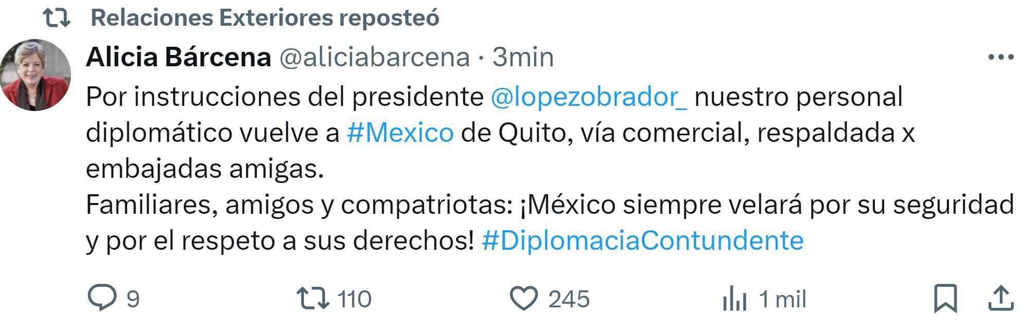 Alicia Bárcena dio a conocer la información tras instrucciones del Presidente. (Foto: Tomada de X)