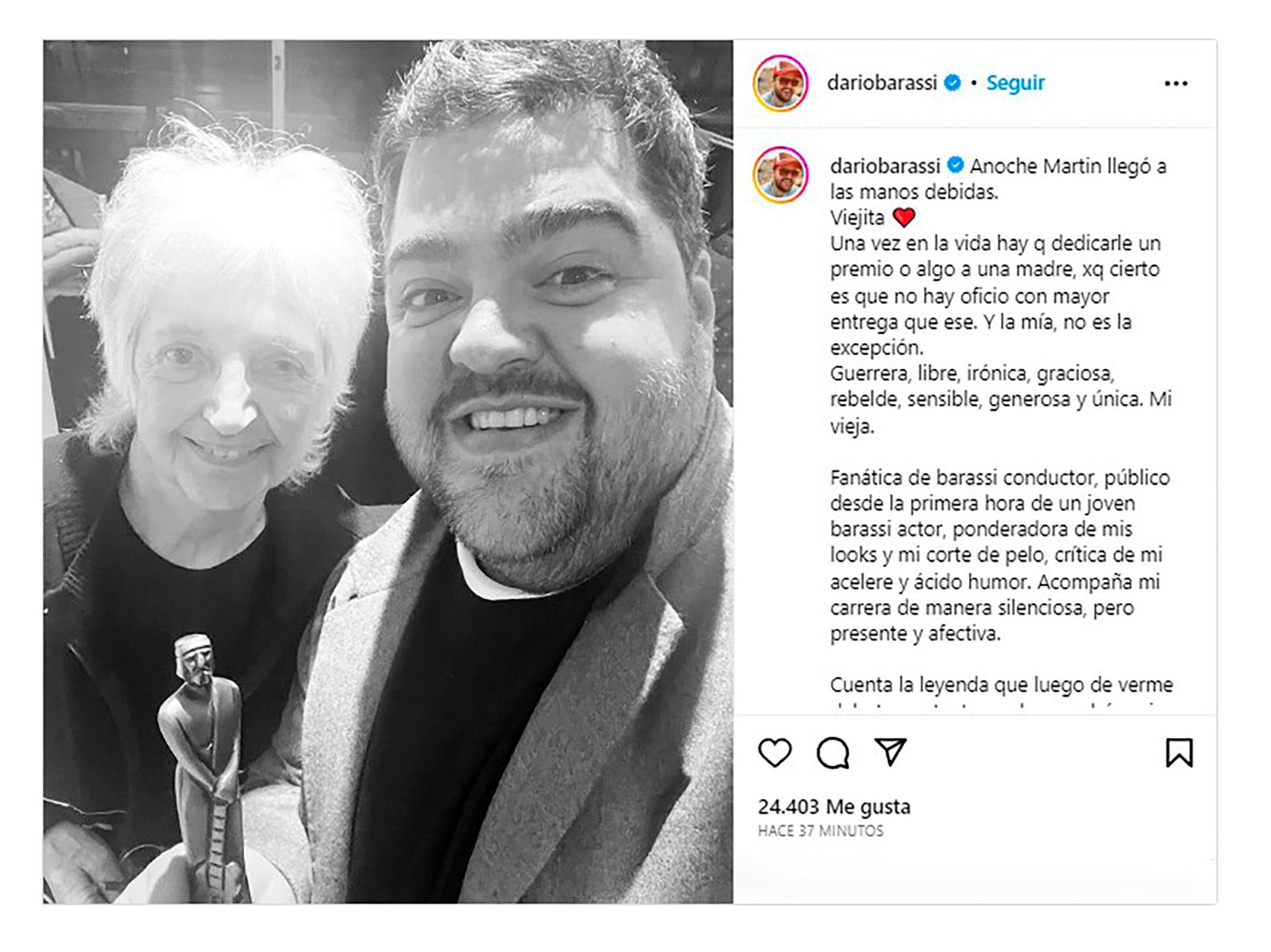 El posteo que Darío Barassi le dedicó a su mamá (Instagram)