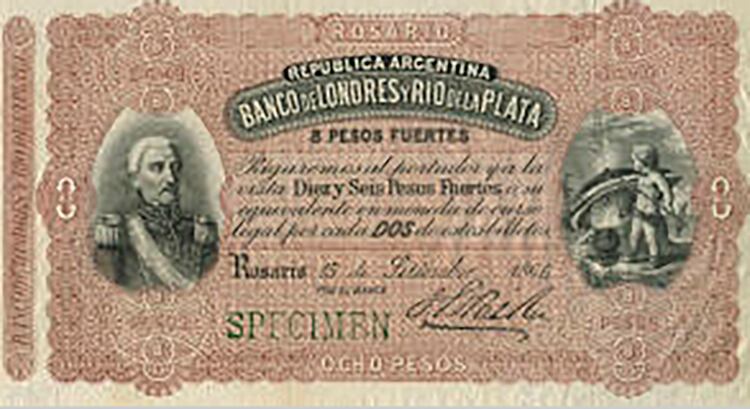 Otra rareza: un San Martín irreconocible en un billete de 8 pesos del Banco de Londres y Río de la Plata fechado en la ciudad de Rosario