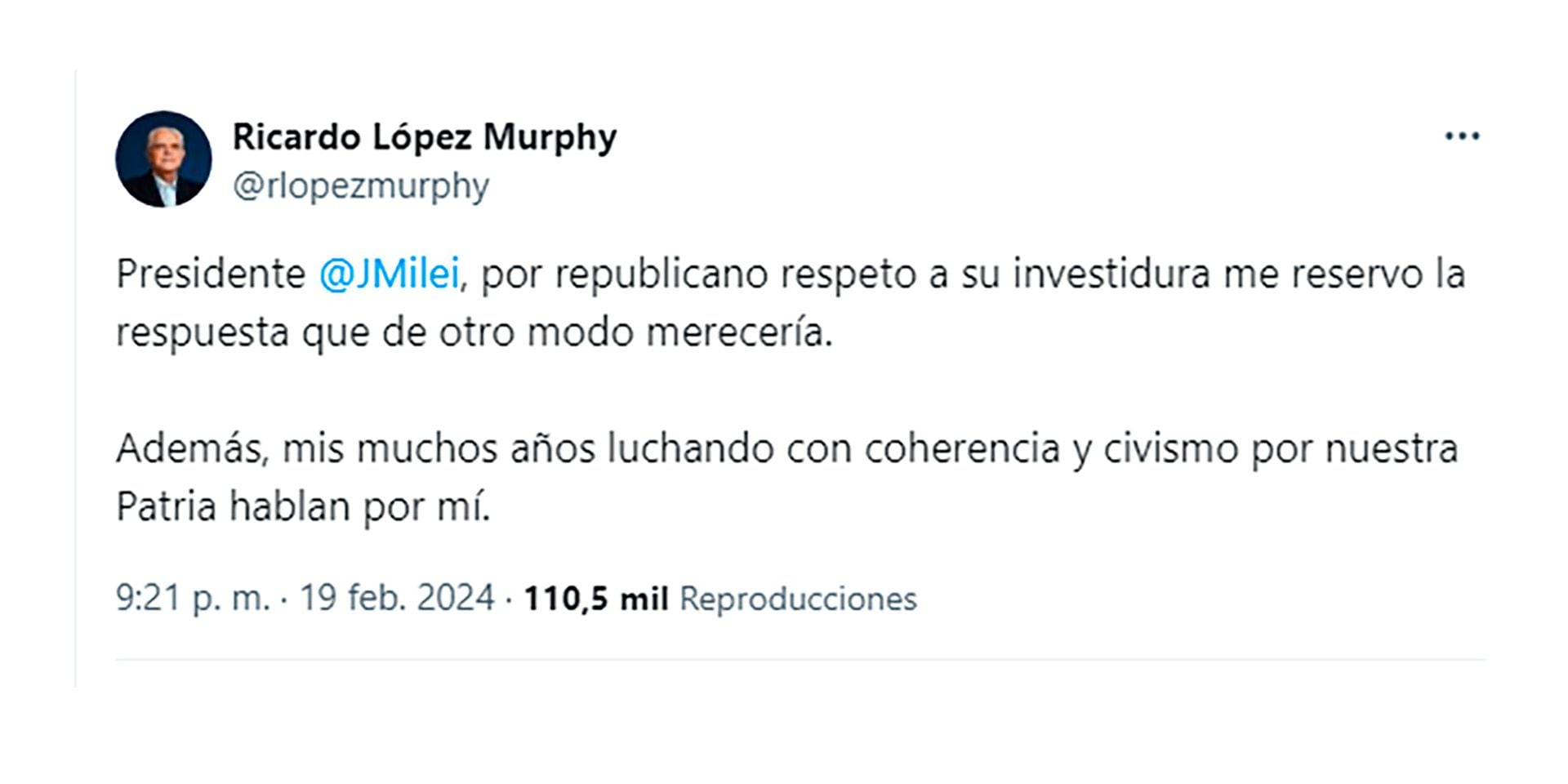 Ricardo López Murphy respuesta a Javier Milei