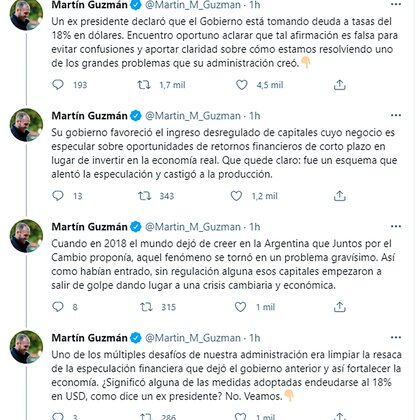 Los 4 primeros tuits del extenso hilo con que Guzmán respondió a los dichos de Macri