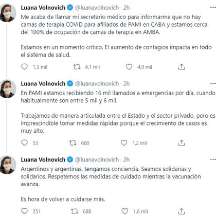 "El aumento de contagios impacta en todo el sistema de salud”, expresó por su parte en la tarde del sábado Luana Volnovich del PAMI.