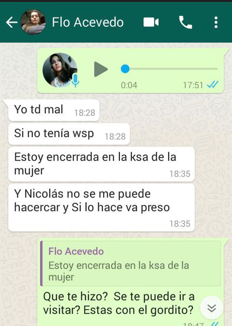 Los chats que Fátima Florencia Acevedo le mandaba a su amiga Florencia López (Foto / Captura Pantalla).