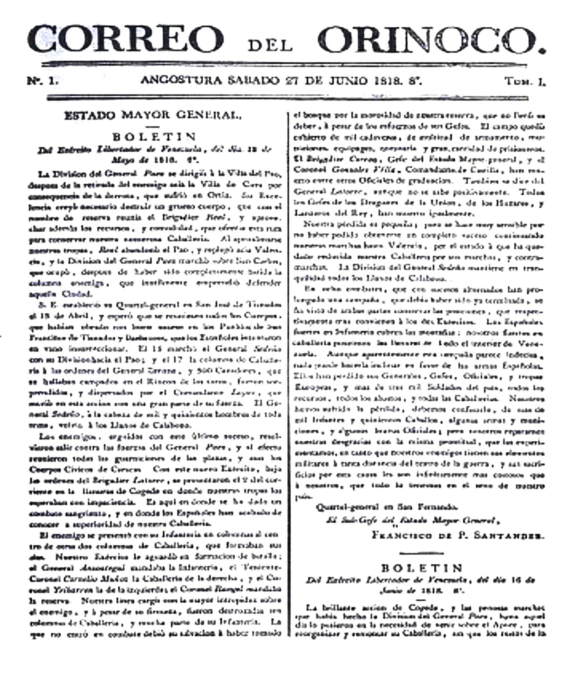 Una imagen de la primera edición del diario de Simón Bolivar