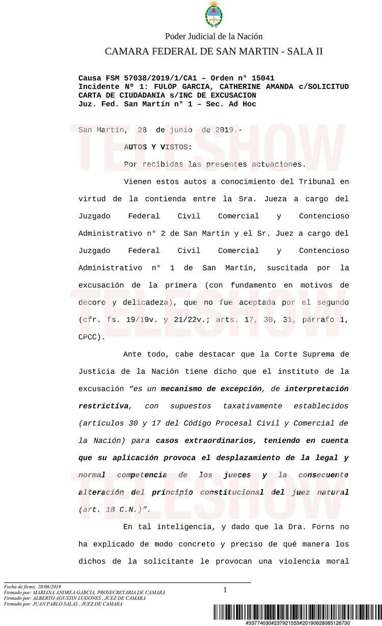Primera parte de la resolución de la Cámara Federal de San Martín