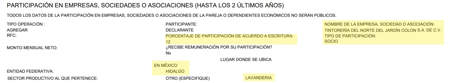 La empresa que nunca reportó como Senador (Captura de la declaración patrimonial)