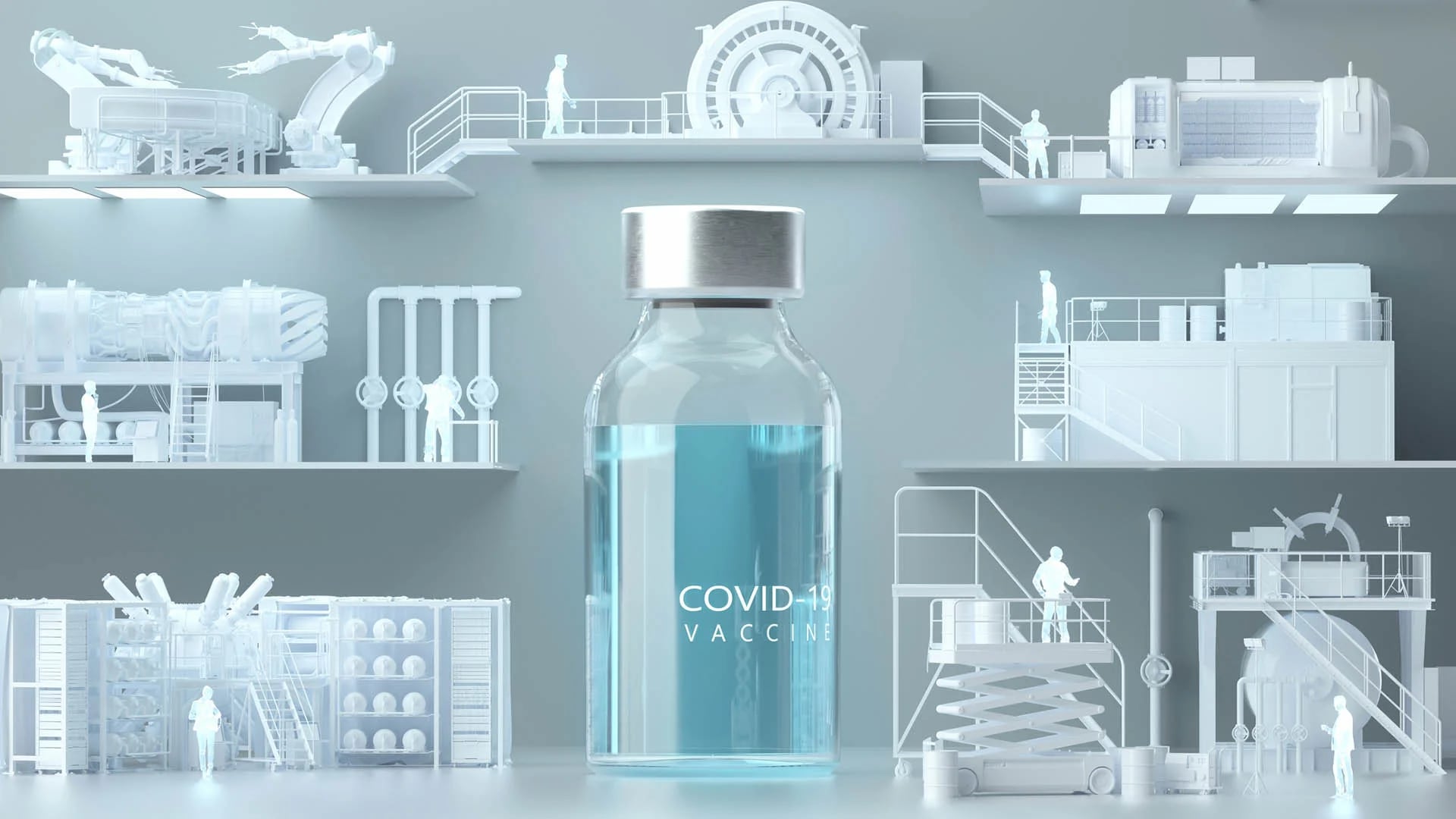 Digital generated image of huge bottle with COVID-19 vaccine standing in the middle of production line surrounded by machinery and equipment with working people visualising process of vaccine manufactory.