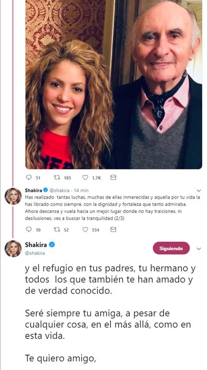 El posteo de Shakira en su cuenta de Twitter,  despidiendo a Antonio de la Rúa