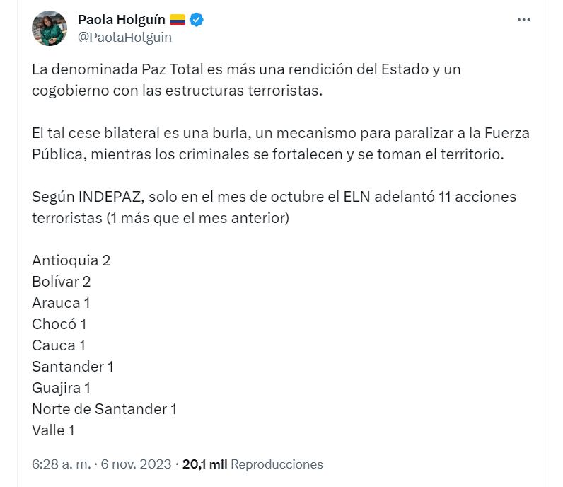 Paola Holguín opina de la paz total- crédito @PaolaHolguin/ cuenta de X