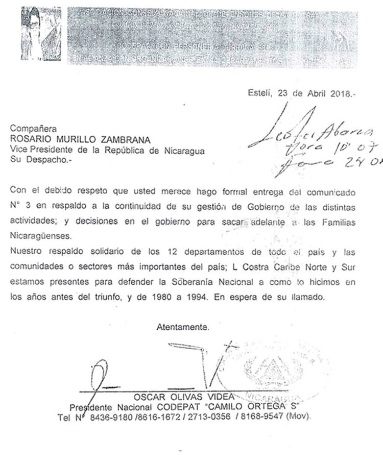 La carta en que el Consejo de Defensores de la Patria (CODEPAT) pone a sus miembros a disposición de Rosario Murillo para la defensa del régimen