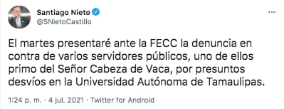 Santiago Nieto indicó que la denuncia será presentada ante la Fiscalía Especializada para el Combate de la Corrupción (Foto: Twitter@SNietoCastillo)