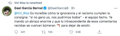 El actor Gael García se solidarizó con Ríos (Foto: captura de pantalla / Twitter@GaelGarciaB)