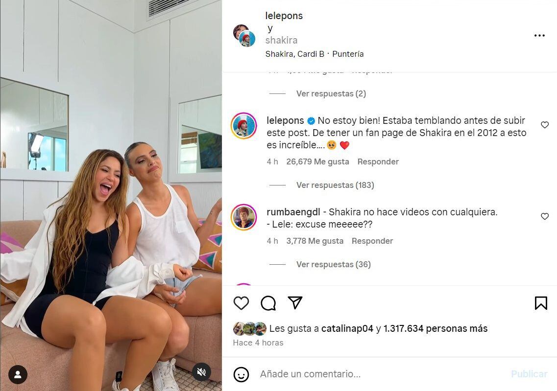 Lele Pons, reconocida admiradora de la colombiana, cumplió su sueño de tener a Shakira en uno de sus videos - crédito @lelepons/Instagram