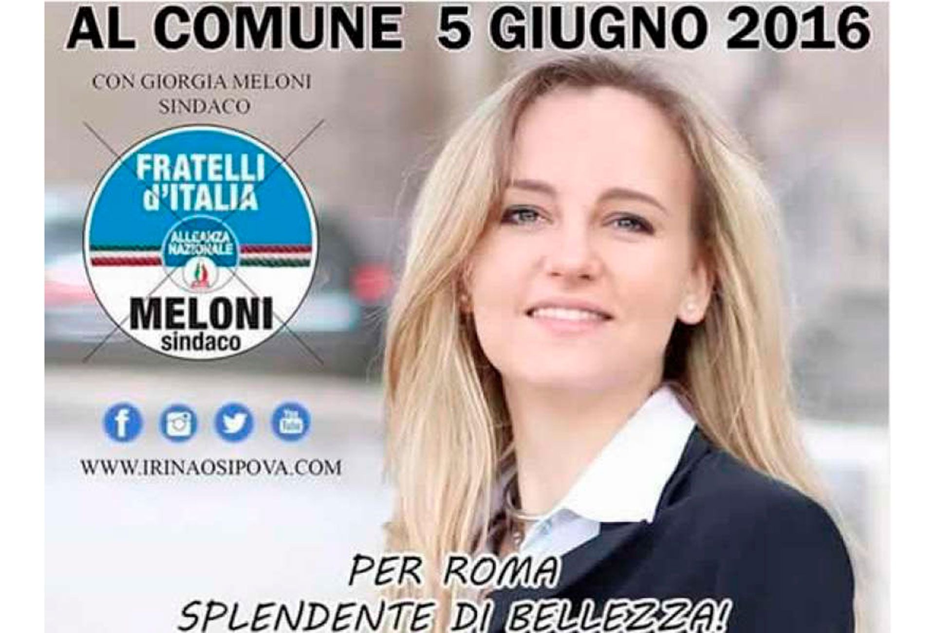 Un afiche electoral de Irina Osipova para las elecciones municipales de 2016 en Roma. Se postuló con Hermanos de Italia, el partido de la actual primera ministra Giorgia Meloni.