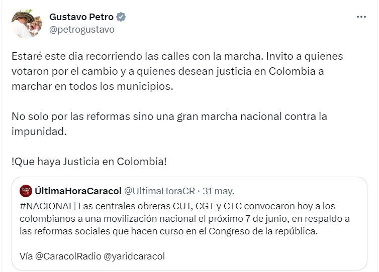 El mandatario afirmó que acompañara a los colombianos en la jornada de movilizaciones. Twitter de Gustavo Petro