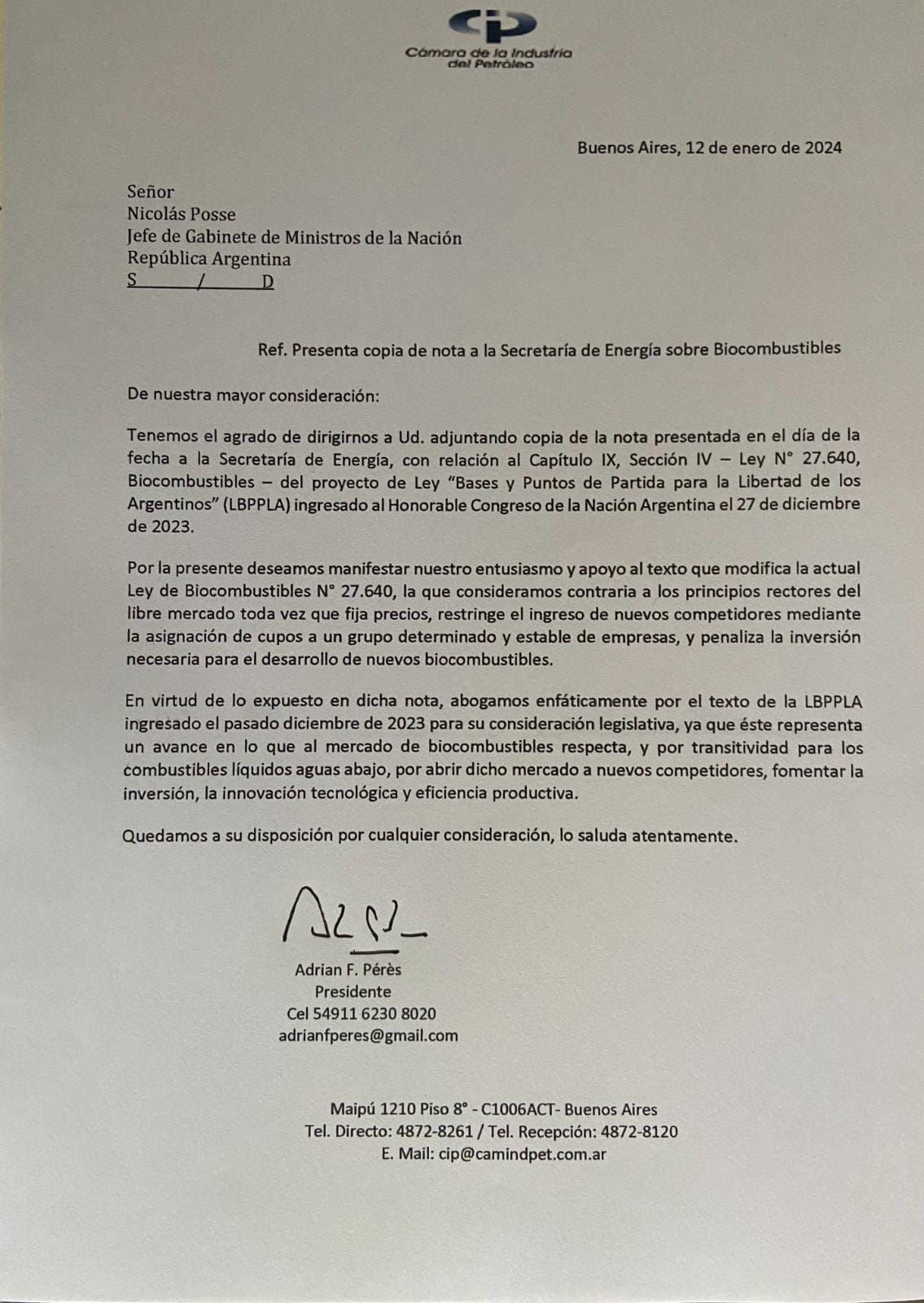 La carta enviada al Nicolás Posse por Cámara de la Industria del Petróleo (CIP)