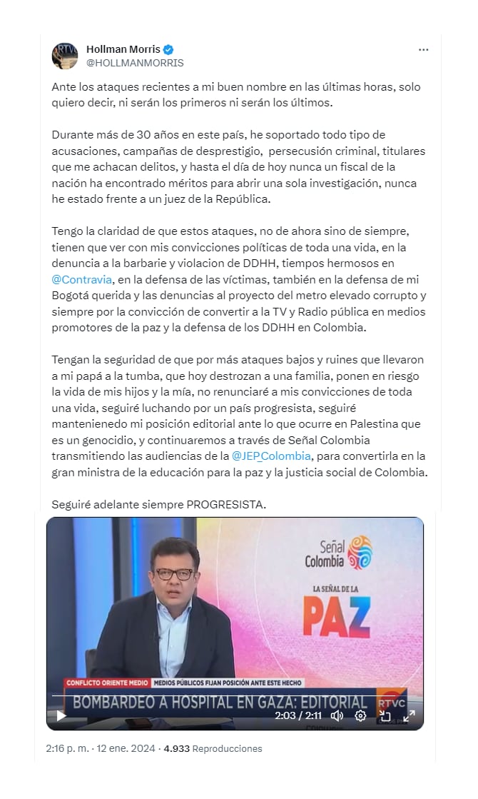 Con esta publicación, en la que mezcla peras con manzanas, Morris desestimó las denuncias en su contra, pues advirtió que son por su defensa de los derechos humanos y su posición ante lo que está pasando en Palestina, y dijo que seguirá trabajando por los medios públicos en Colombia - crédito @HOLLMANMORRIS/X