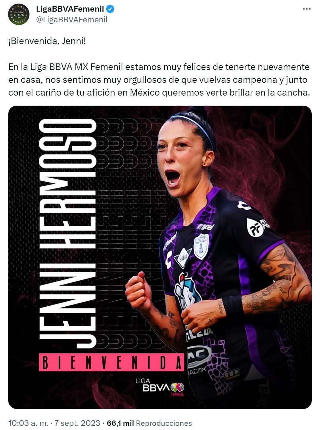 Official statement of Liga MX Femenil on the return of Jennifer Hermoso (Twitter) 