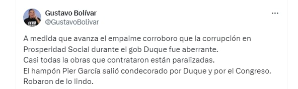 Gustavo Bolívar aseguró la corrupción en el DPS en el gobierno de Iván Duque fue "aberrante" - crédito @GustavoBolivar/X