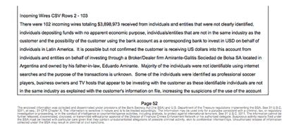 El extracto del SAR de la FinCEN donde menciona que "algunos de los individuos (que operaron con Meestral Assets) fueron identificados como jugadores de fútbol profesionales, empresarios y conductores de televisión que parecen estar haciendo inversiones. 