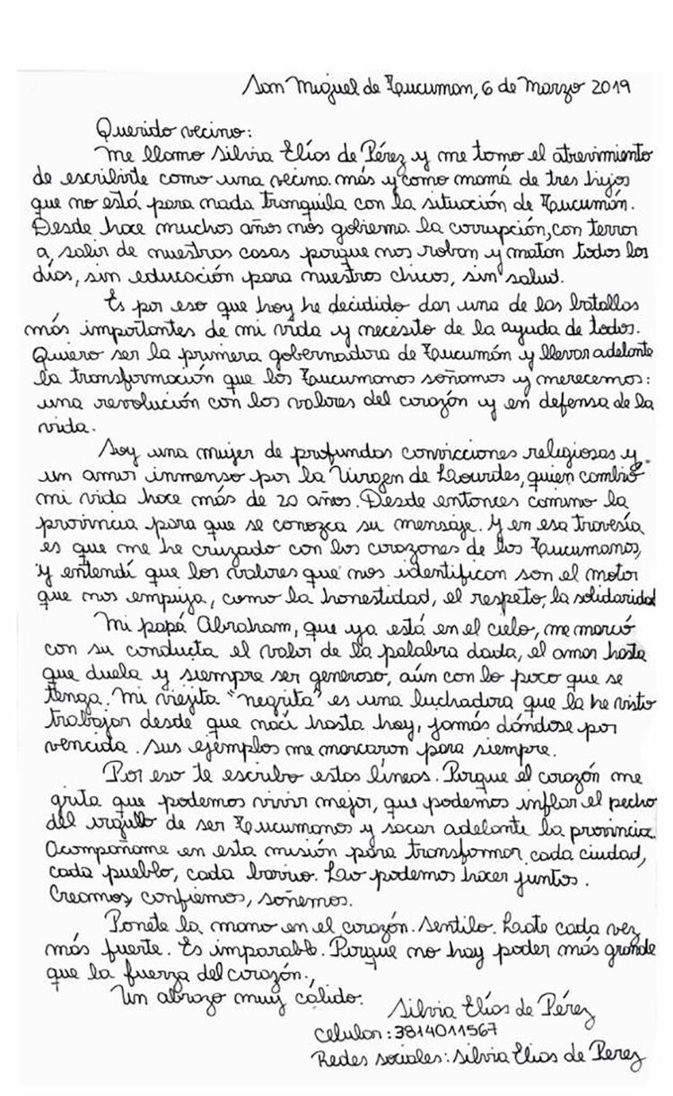 La carta en la que Silvia ElÃ­as de PÃ©rez se postulÃ³ como candidata.