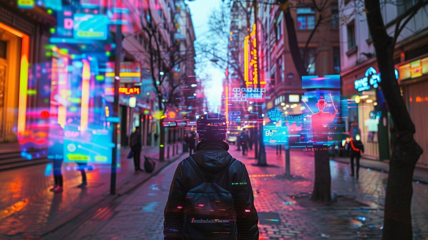 Hombre adulto camina por la calle con casco, lentes de realidad aumentada ciudad - (Imagen Ilustrativa Infobae)