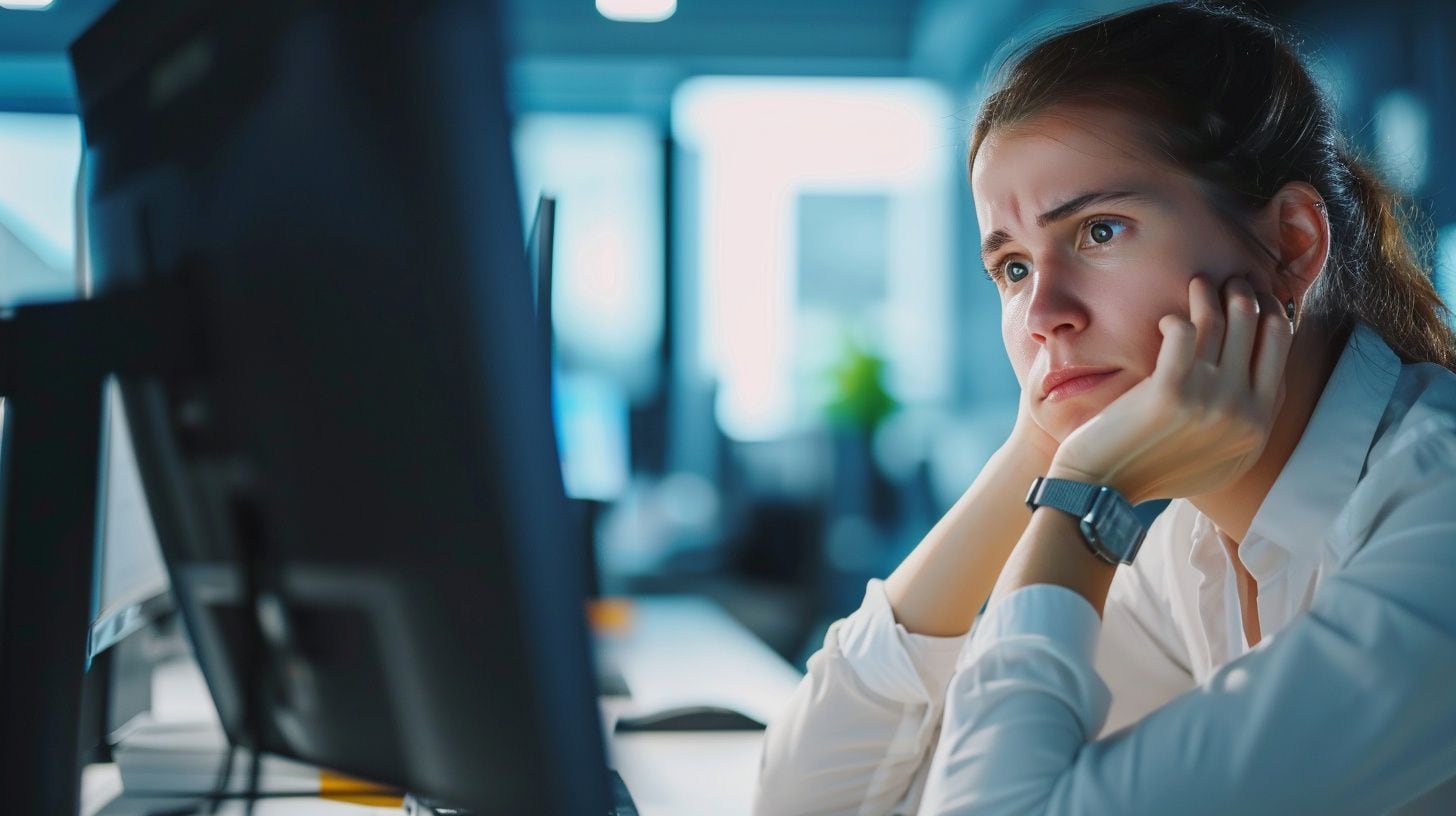 Una mujer ingeniera ve con preocupación la pantalla de su computadora - (Imagen Ilustrativa Infobae)