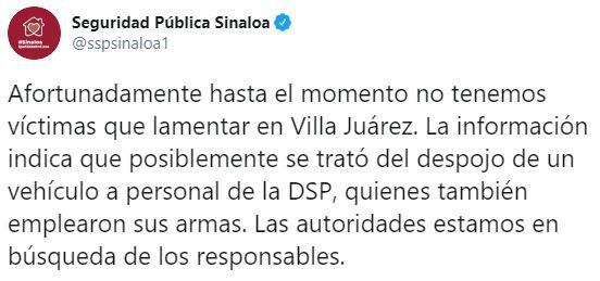 La SSP Sinaloa aseguró que durante los hechos no hubo víctimas que lamentar (Foto: Twitter/sspsinaloa1)