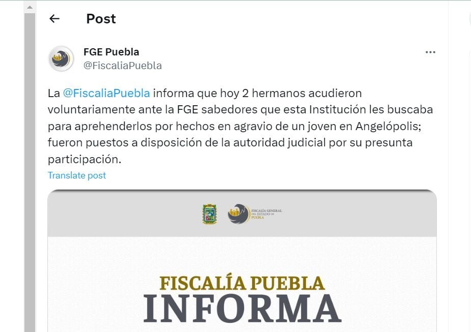 El comunicado de la Fiscalía de Puebla (Foto: FGE Puebla)
