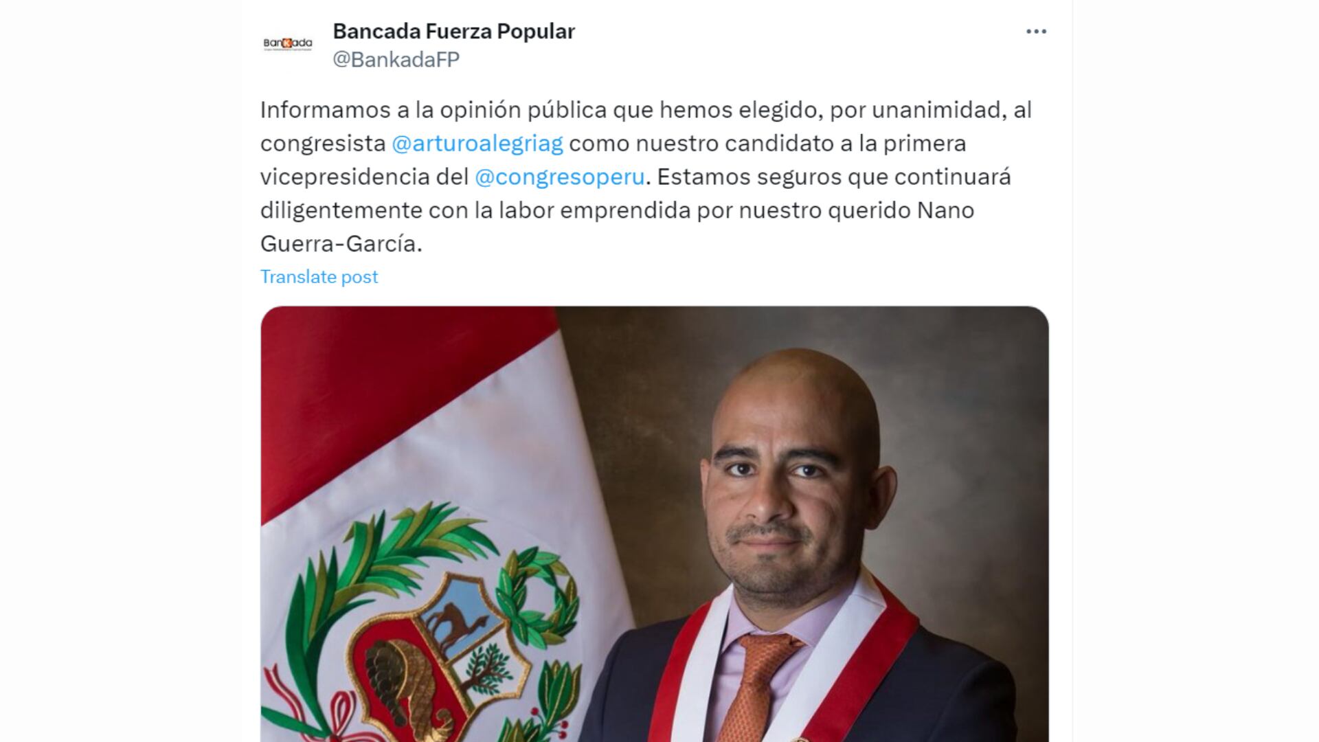 Bancada de Fuerza Popular elige a Arturo Alegría como candidato para primer vicepresidente del Congreso| Twitter Fuerza Popular