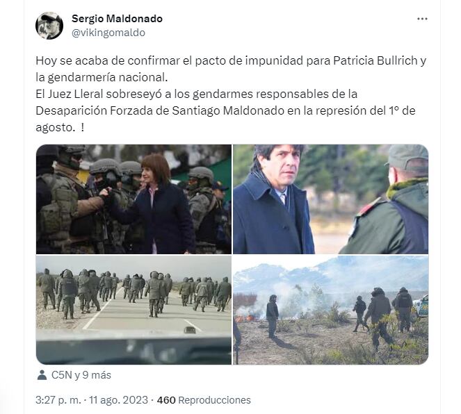 El tuit de Sergio Maldonado, hermano de Santiago, tras conocer la noticia en el marco del caso