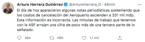 Arturo Herrera aseguró que las minutas de trabajo con la ASF han arrojado una cifra de poco más de una tercera parte de lo señalado (Foto: Twitter@ArturoHerrera_G)
