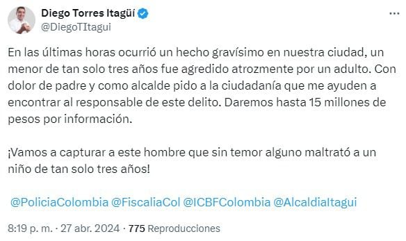 Diego Torres, alcalde de Itagüí, anuncia una suma significativa para quien aporte datos clave que faciliten la captura del individuo detrás de la brutal agresión a un niño - crédito @DiegoTItagui / X