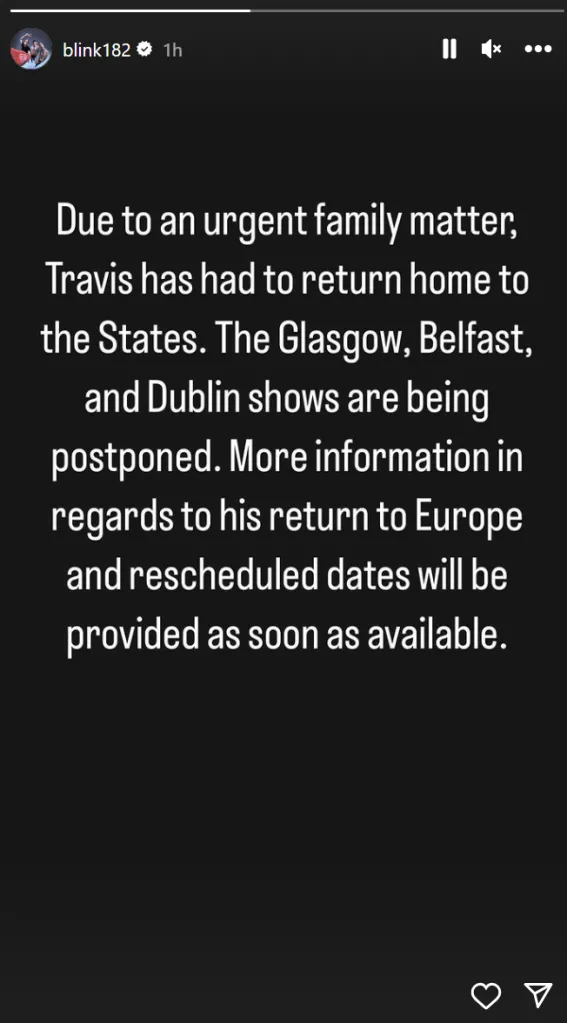 Blink 182 confirmó que su paso por Gran Bretaña se pospondría debido a la emergencia médica que obligo a Travis Barker a volar de regreso a Estados Unidos
Foto: Instagram/Blink 182