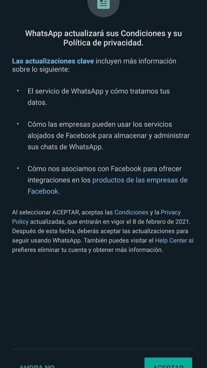 Anuncio sobre las nuevas políticas de WhatsApp (Foto: Captura de pantalla)