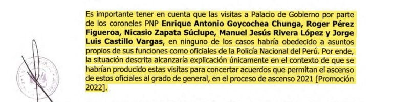 Los seis coroneles de la PNP que asistieron a Palacio para reunirse con el expresidente Pedro Castillo.