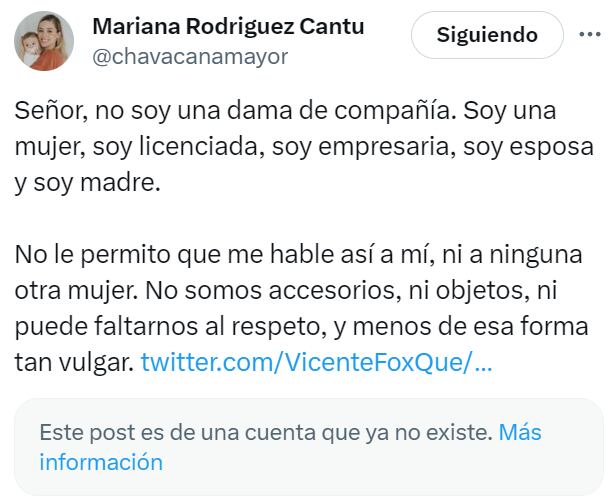 La cuenta de Fox ya no está disponible, por lo que ahora únicamente se ve la respuesta que lanzó en su momento Mariana Rodríguez (Captura de pantalla)