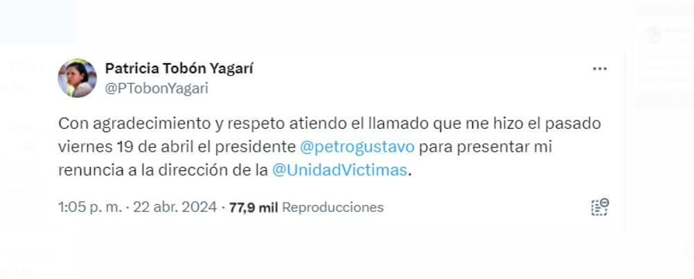 Patricia Tobón anunció su renuncia a la Unidad para las víctimas por una petición del presidente Gustavo Petro - crédito @PTobonYagari/X